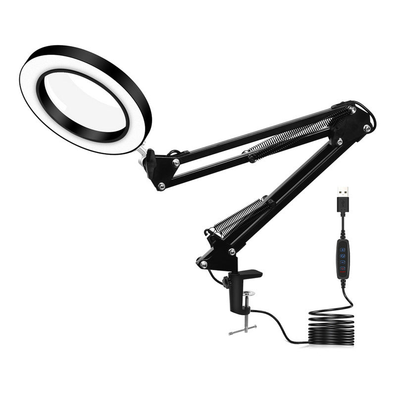 LED Folding Long Arm Clip Magnifying Glass Repair Light