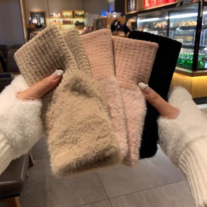 Winter Half Finger Knitted Gloves – Warm Jakar Fabric Plush Mittens