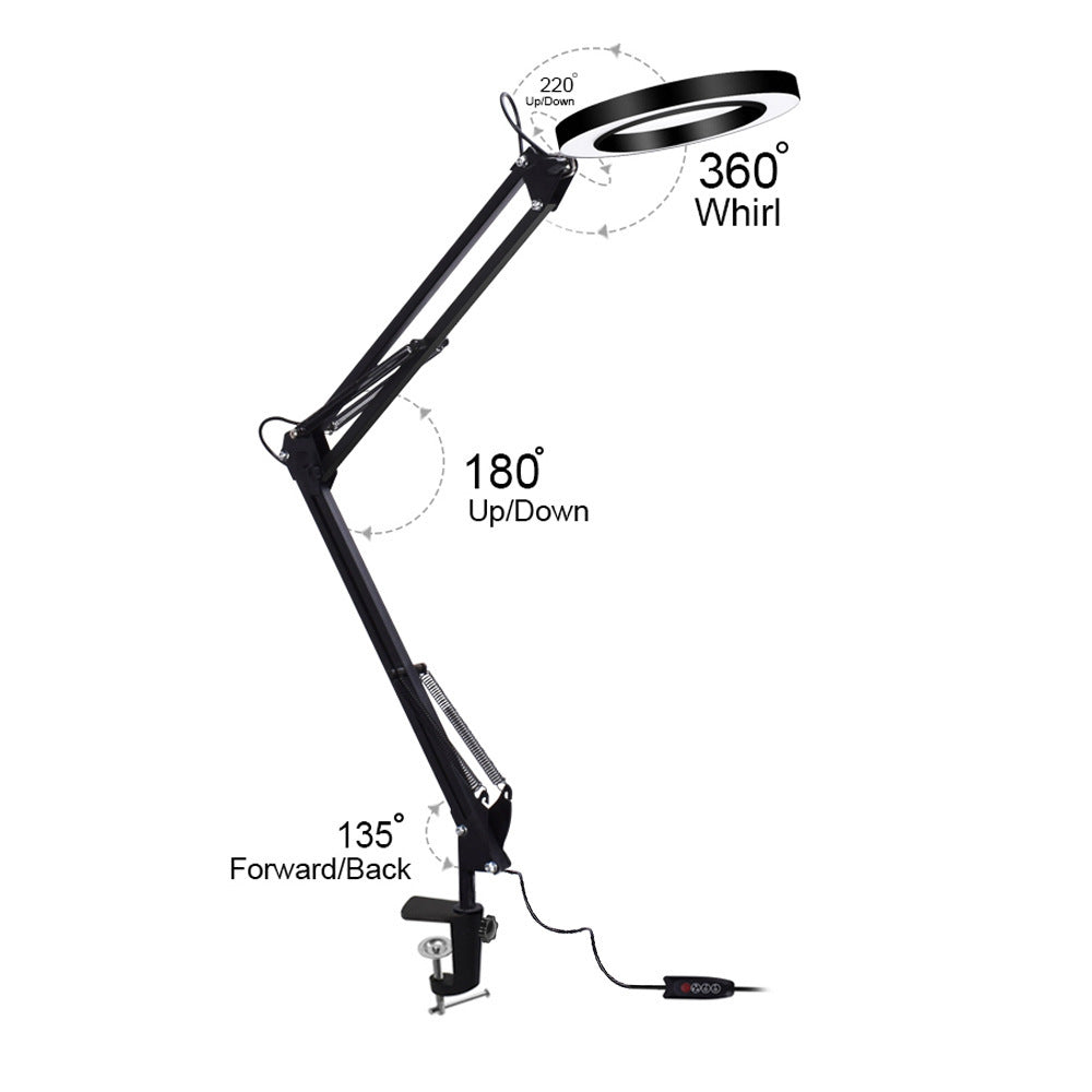 LED Folding Long Arm Clip Magnifying Glass Repair Light