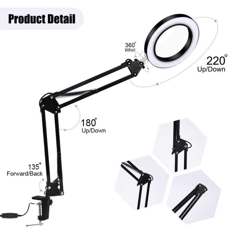 LED Folding Long Arm Clip Magnifying Glass Repair Light