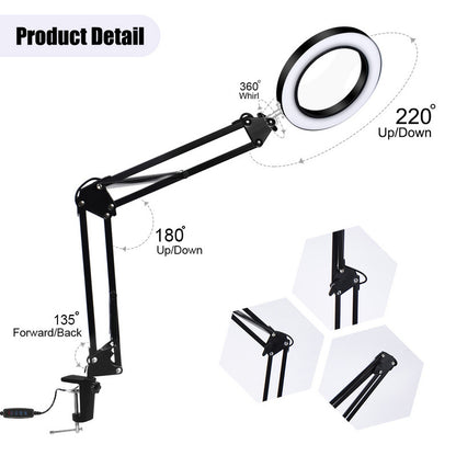 LED Folding Long Arm Clip Magnifying Glass Repair Light