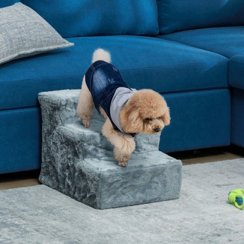 PawHut Dreistufige Hundetreppe mit waschbarem Plüschbezug für hohe Betten und Sofas, geeignet für kleine Hunde und Katzen – Hellgrau
