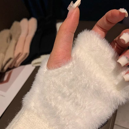 Winter Half Finger Knitted Gloves – Warm Jakar Fabric Plush Mittens