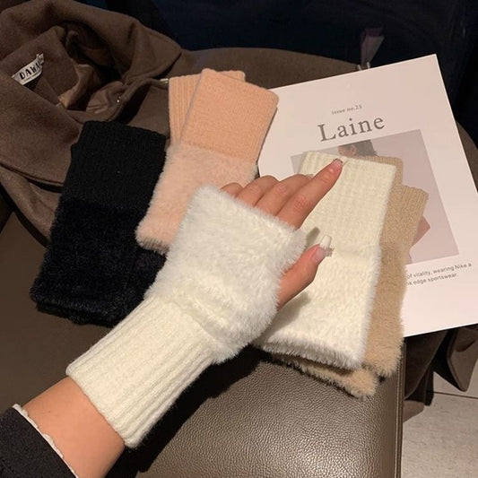 Winter Half Finger Knitted Gloves – Warm Jakar Fabric Plush Mittens