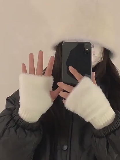 Winter Half Finger Knitted Gloves – Warm Jakar Fabric Plush Mittens